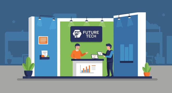 Vector illustration of a modern trade show booth promoting future technology company business