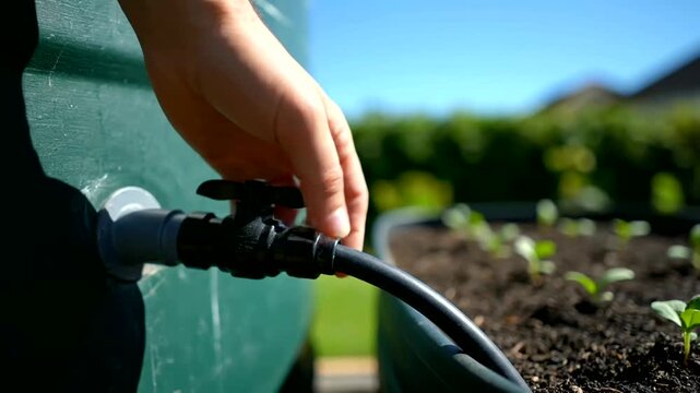 Hand turns valve on water tank gardening system outdoor or hand adjusts valve on rain barrel watering plants in garden