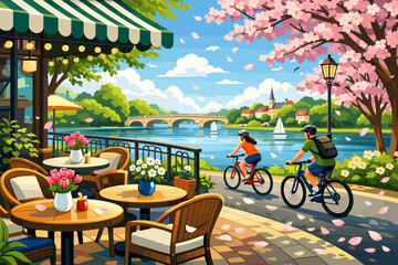 Fototapeta premium Bicyclists ride by a waterfront cafe with flowers and cherry blossom trees in springtime sunlight near a calm river