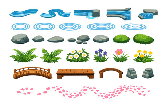 Different elements of a natural landscape including water, rocks, plants, and bridges for use in design projects