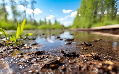 Fototapeta premium Serene Swamp View with Aggressive Snapping Turtles and Lush Greenery