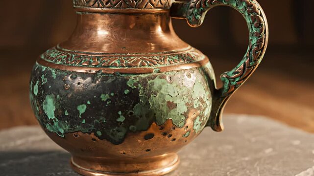 Antique Bronze Pitcher with Verdigris Patina and Intricate Detailing Resting on a Slate Surface with Blurred Wooden Background in Warm Lighting