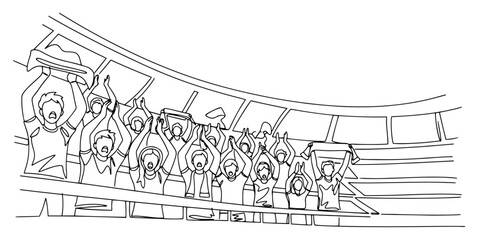 Single line drawing showing a crowd of enthusiastic fans cheering in a large stadium © Alicja