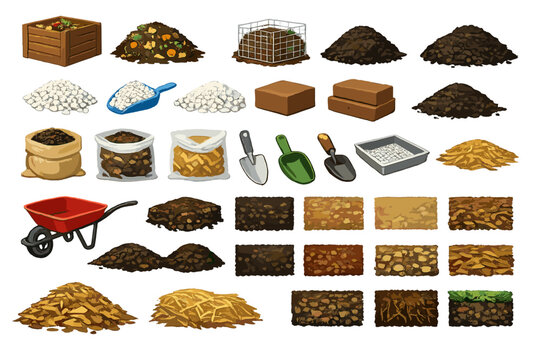 Different types of compost and soil materials displayed on a white background suitable for gardening activities and landscaping work