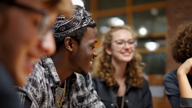 Diverse group of students collaborating in a study session at a university library during evening hours