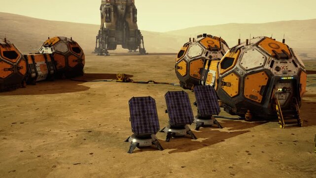 A habitat is established on Mars featuring solar panels for energy. Nearby, a landing module stands sentinel, highlighting human efforts to colonize the red planet.