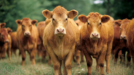 A herd of brown beef cows stands in a lush green meadow. Close-up portrait of curious young cattle on a rural farm, showcasing sustainable livestock farming and high-quality organic agriculture