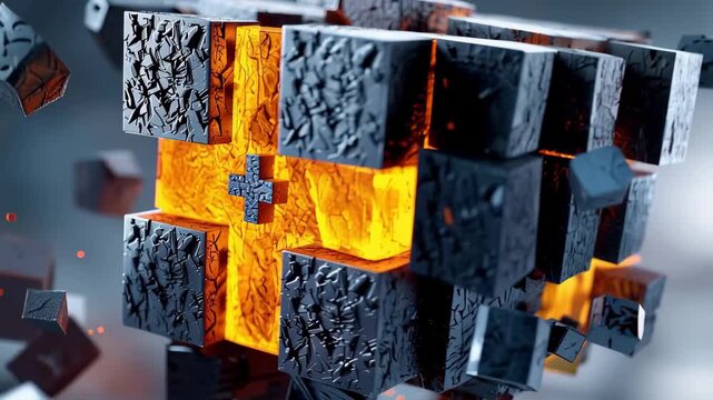 Exploration of blockchain technology showcasing dismantled large blocks transformed into luminous shards