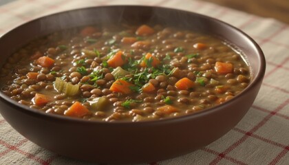 A Steaming Bowl of Hearty Lentil Soup With Diced Vegetables and Fresh Parsley Garnish
