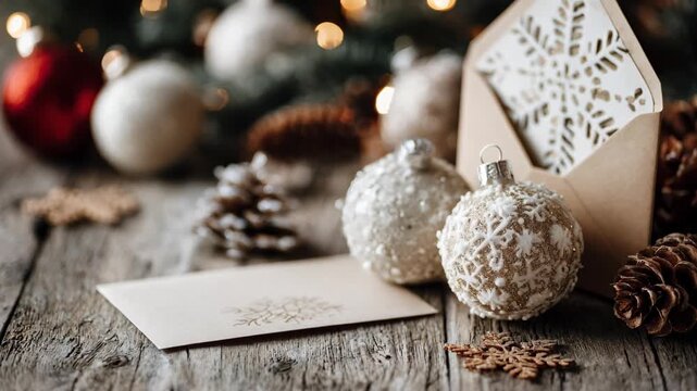 Medium shot of Christmas direct mail showcasing festive motifs like ornaments snowflakes and warm holiday greetings with cozy winter d&eacute;cor enhancing the scene