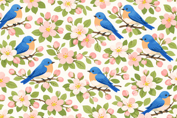 Colorful birds sit on branches among pink flowers in a floral pattern design for spring