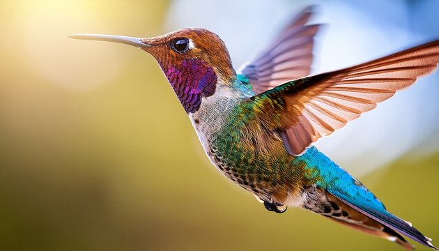 a colorful hummingbird in mid flight close up shot