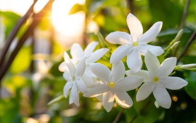 Fototapeta premium Luminous Jasmine Petals in Soft Evening Light with Natural Green Background