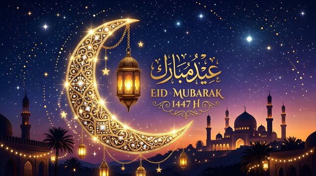 Ethereal Twilight Glow: Eid Mubarak 1447 H Mosque & Crescent Moon Greeting Card