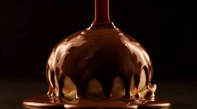 Chocolate Pouring Over Creamy Dessert Closeup.