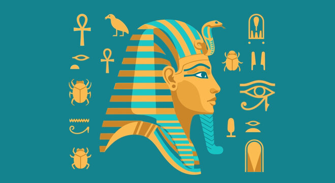 Egyptian pharaoh head with symbolic hieroglyphics and ancient artifacts