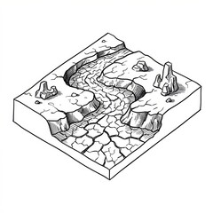 Hand drawn sketch of a dry winding riverbed map illustration.