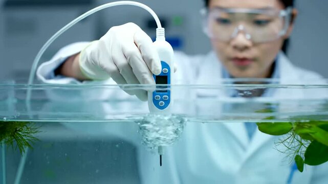 Asian scientist measures aquaponics ph in tank close Asian scientist testing aquaponics water ph in lab close
