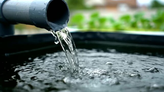 Aquaponics water flows reusing in farm close-up or sustainable aquaponics system pumps water into tank at garden