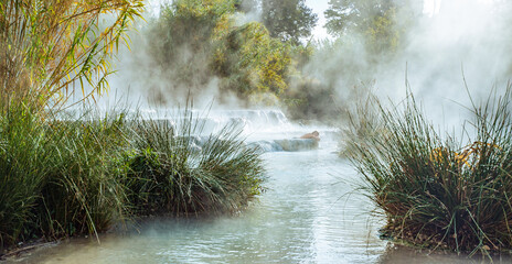 Cascate del Mulino di Saturnia thermal baths, Tuscany, Italy: Person relaxing in steaming natural hot springs with vegetation © Elsworth Frobisher