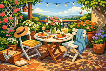 Fototapeta premium Outdoor dining setup with food and drinks on a sunny day in a garden with flowers and trees