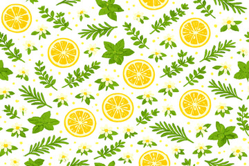 Pattern of lemon slices and green leaves on a white background showing natural elements of summer