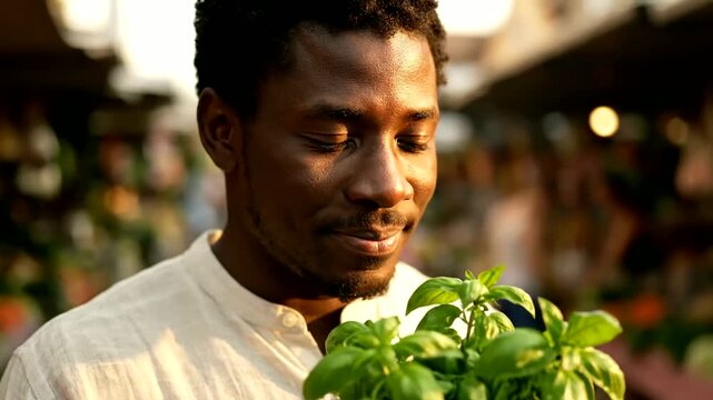 Farmer examines fresh basil or Consumer smells organic basil at market farm