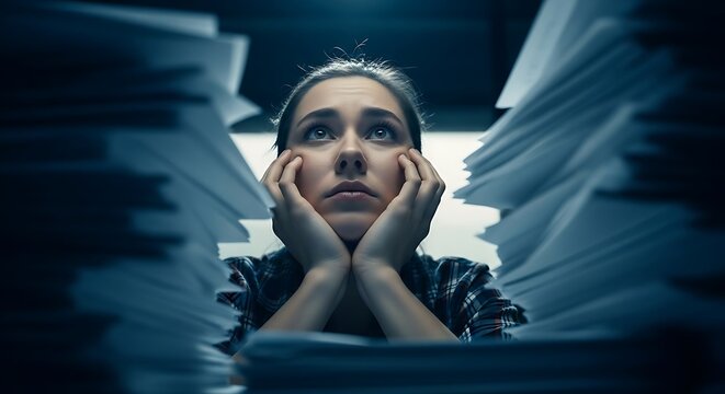 A woman overwhelmed, gazing upwards amidst towering stacks of paper, looking worried
