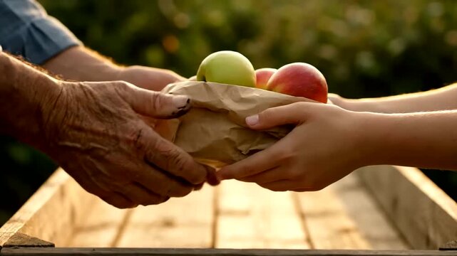 Farmer hands share apples from garden or Grandmother gives fresh fruit to child in farm field