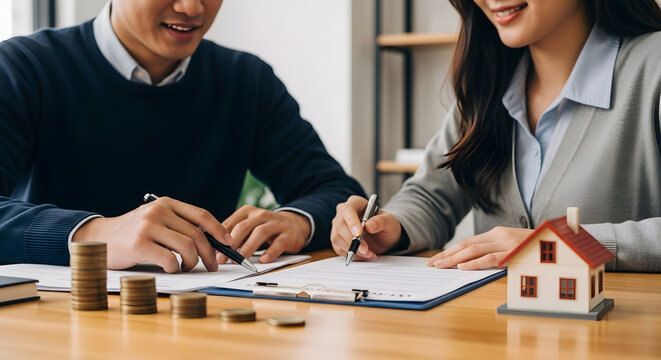 A smiling young couple is intently signing important legal documents for a house purchase on a wooden table.