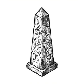 Hand drawn sketch of an ancient stone obelisk covered in glowing runes map illustration.