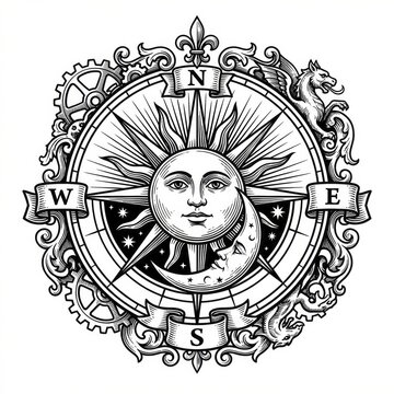 Hand drawn sketch of a celestial compass rose with sun and moon map illustration.