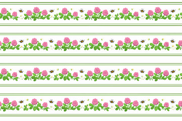 Floral pattern with pink clover flowers and small bees on a green stripe background during daylight hours
