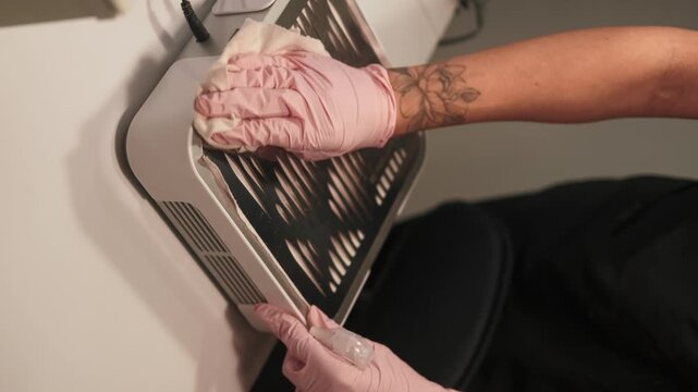 Vertical video. Beauty salon. Disinfection work surfaces. Hands of female nail manicurist in gloves with wipe antiseptic sanitizer while carefully cleaning dry hot air sterilizer.