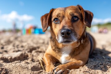 Closeup of Dog Relaxing on Sandy Beach During Summer Vacation