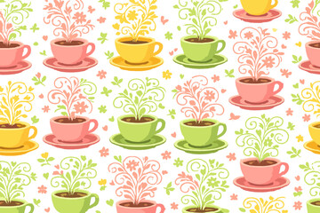 Colorful cups with flowers and plants in a playful pattern on a white background, showcasing various shapes and designs of nature