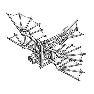 Hand drawn sketch of a da Vinci style ornithopter flying machine map illustration.
