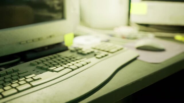 A cluttered workspace features a keyboard and monitor. Sticky notes adorn the desk surface. The lighting creates a cozy and productive atmosphere in the room.