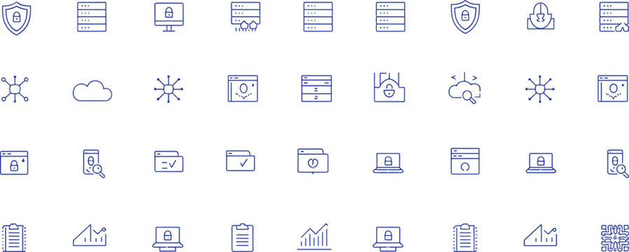 Cybersecurity icons, data protection, cloud computing, secure server, digital infrastructure, shield lock, laptop security, folder checkmark, magnifier lock, bar graph