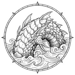 Fototapeta premium Hand drawn sketch of a giant ancient leviathan fish jumping map illustration.