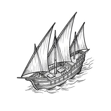 Hand drawn sketch of an explorer caravel with lateen sails map illustration.