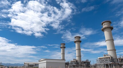 Obraz premium Industrial power plant with multiple chimneys against a bright blue sky with white clouds