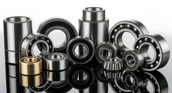 Assorted high-quality ball bearings and roller bearing units in metallic finish