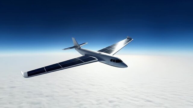 Solar panel wing on silver aircraft above white cloud surface