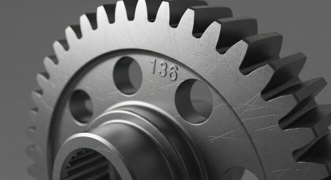 A close-up view of a precision-engineered metallic gear with 136 teeth
