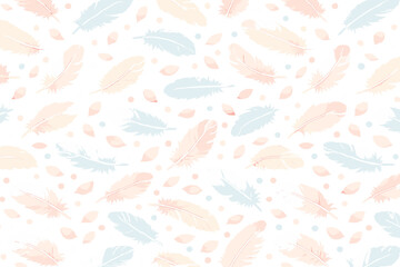 Fototapeta premium Feathers and leaves in soft colors creating a simple and light pattern on a white background for craft or design use