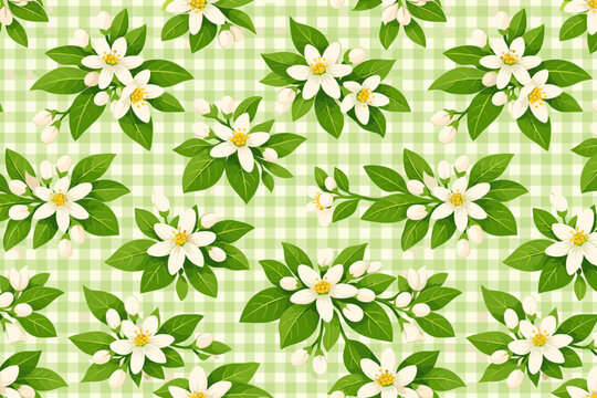 Flowers and leaves arranged on a green checkered background with small white blooms and leaves across the scene in a patterned design