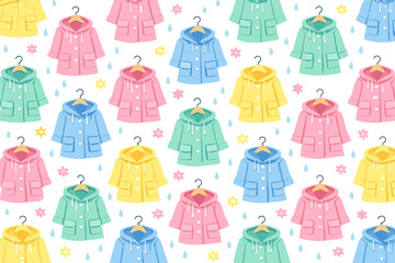Colorful raincoats and raindrops on a white background create a cheerful pattern showing waterproof clothing for rainy days