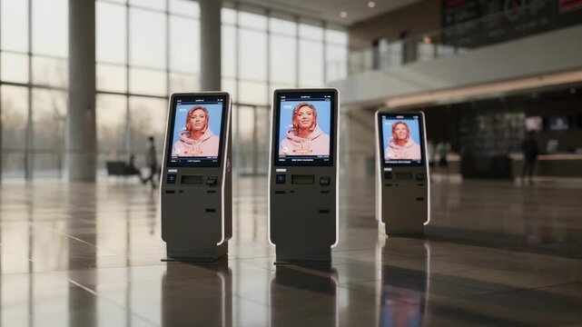 Quiet morning atmosphere in the multiplex atrium ticket kiosks in focus with minimal patrons blurred in the distant background creating a peaceful and spacious vibe.