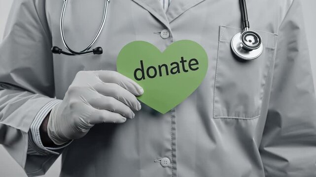 The doctor's hands hold a paper sign in the shape of a heart with the inscription "Donat"